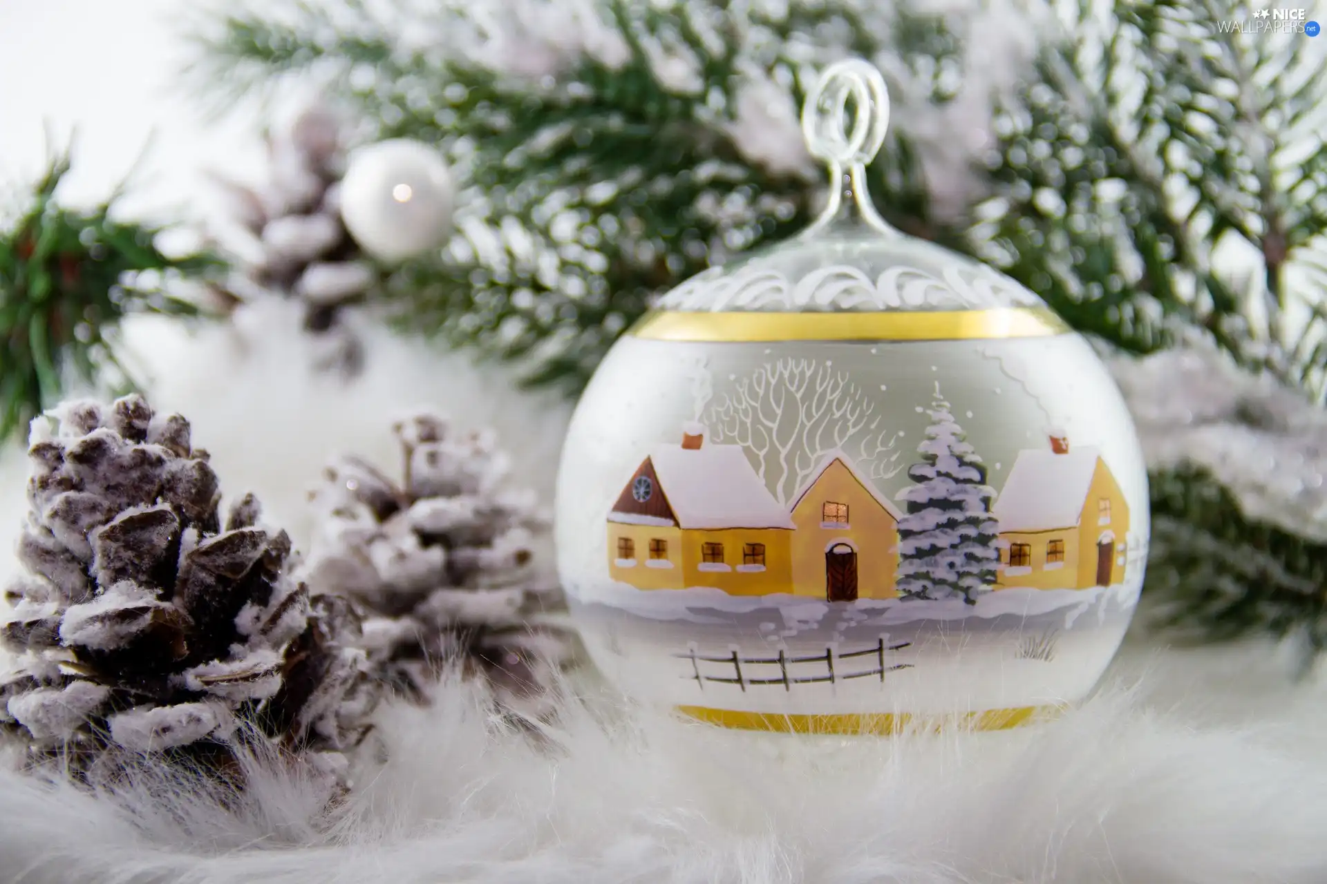 cones, Christmas, Twigs, bauble, decoration, snow, blurry background