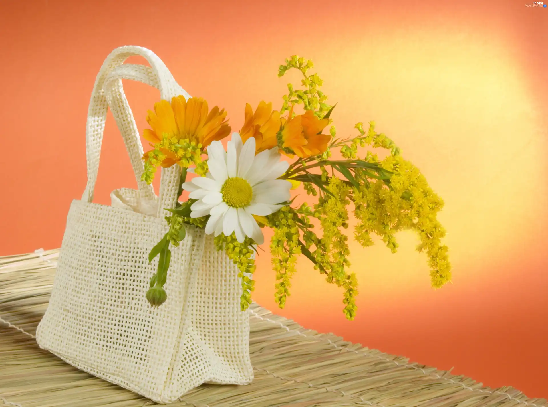 White, Flowers, bag, Yellow