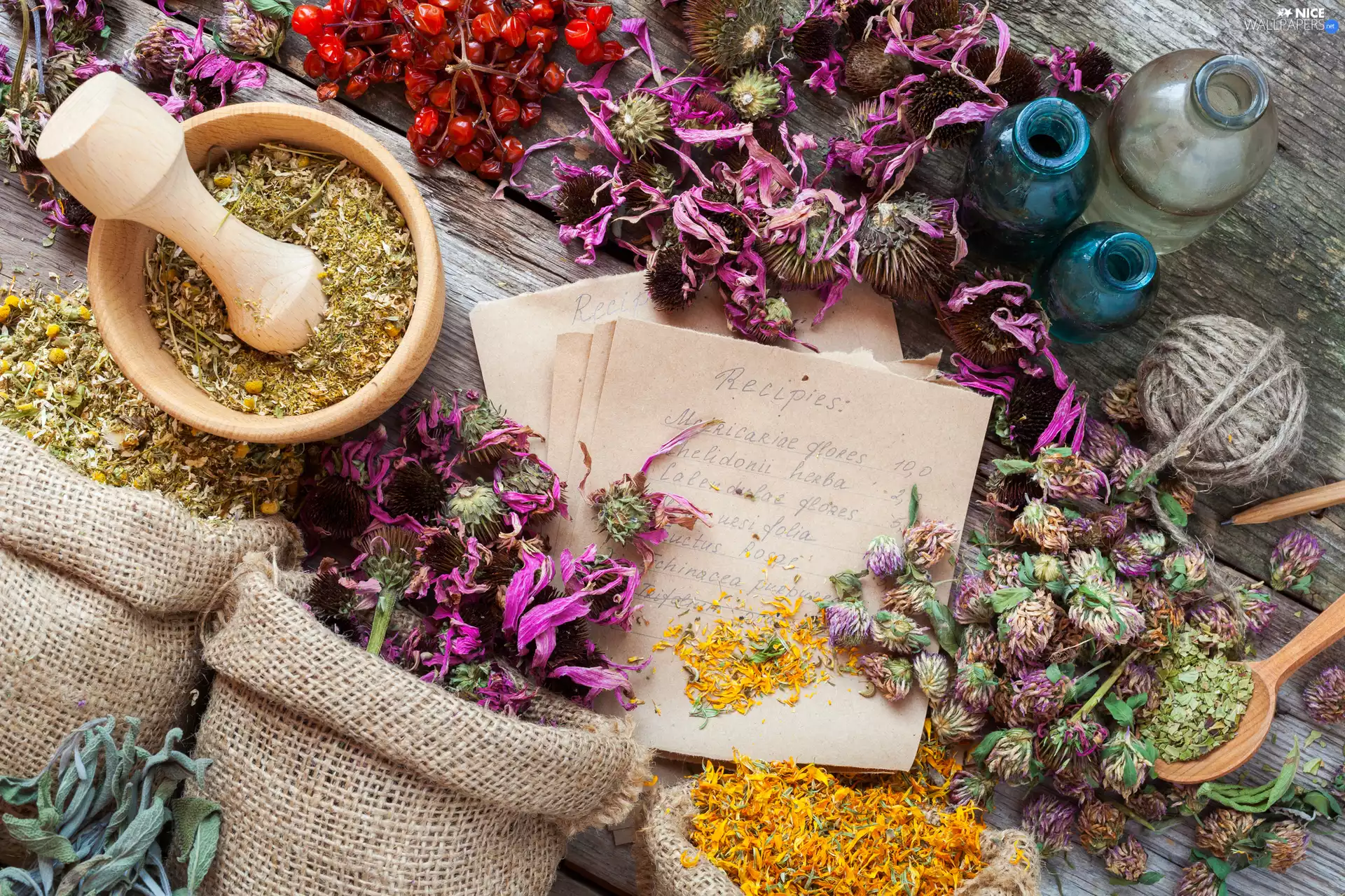 mortar, Bags, Flowers, Herbs, dried