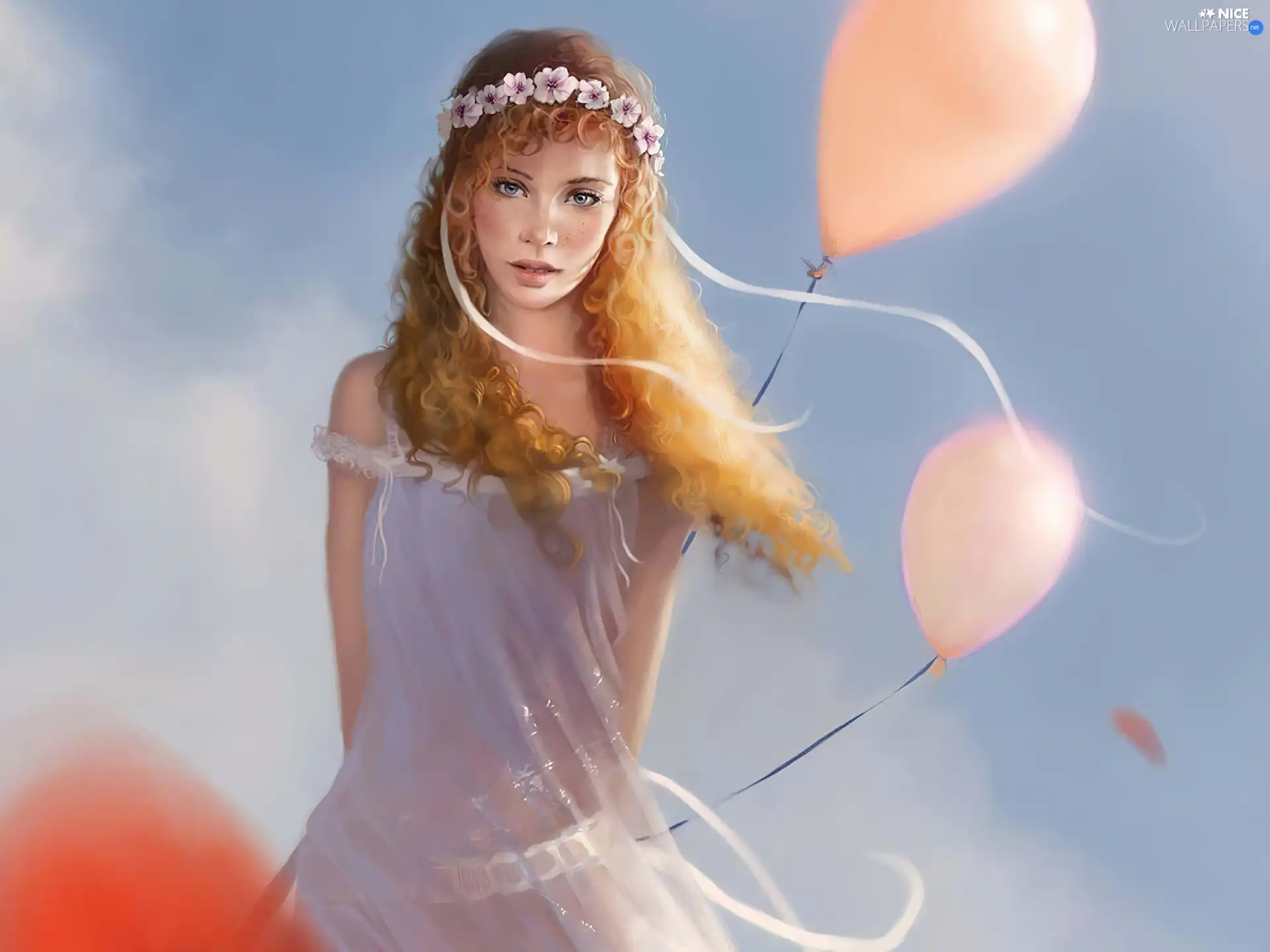 Balloons, girl, wreath