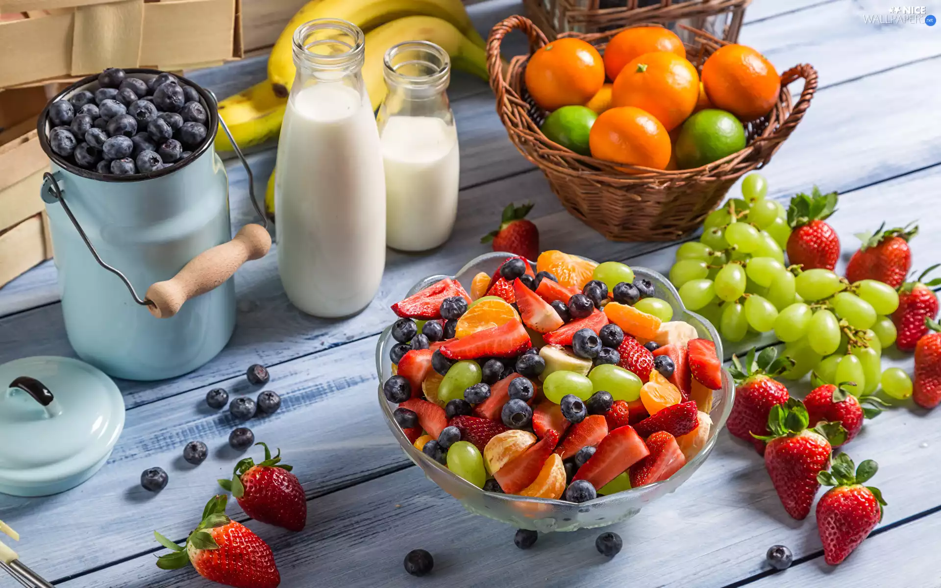 dairy, blueberries, bowl, bananas, Kanka, basket, orange, milk, Grapes, Fruits, limes, boarding, strawberries