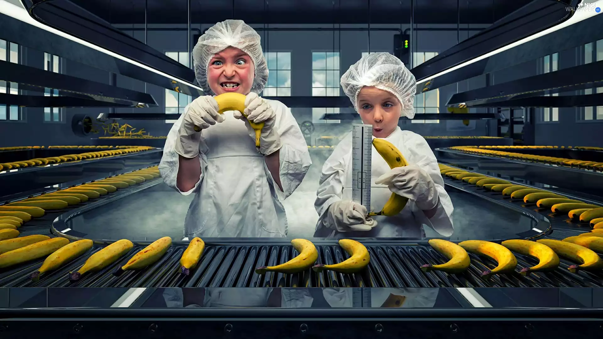 Kids, factory, Funny, bananas