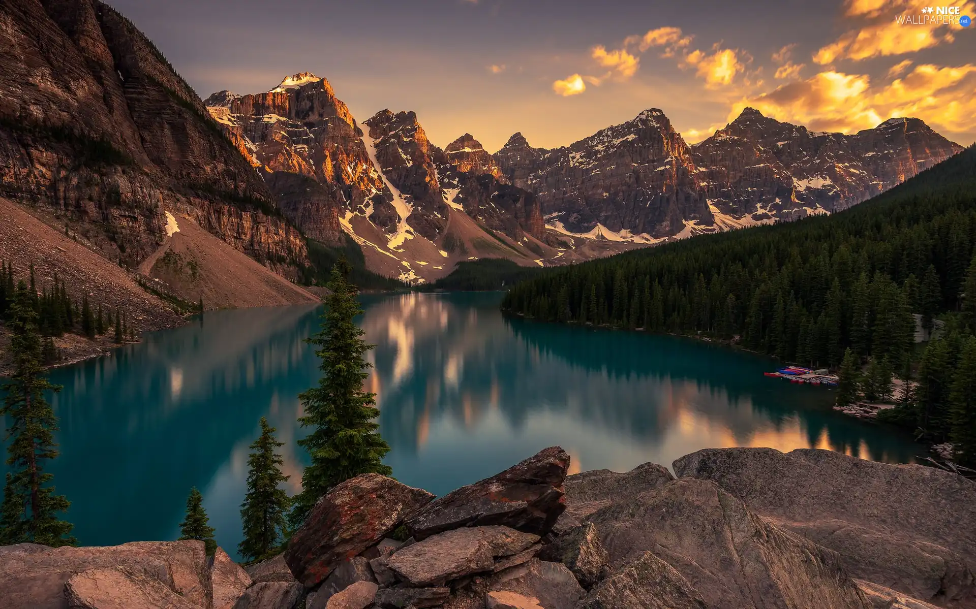 Mountains, Lake Moraine, clouds, woods, viewes, Banff National Park, Canada, trees