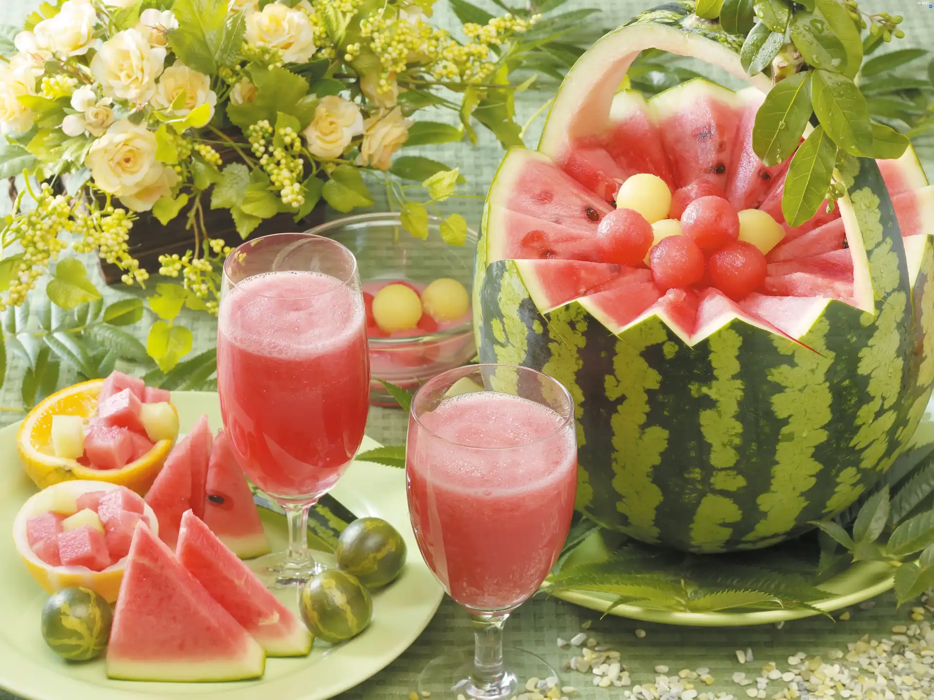 basket, watermelon, cocktail