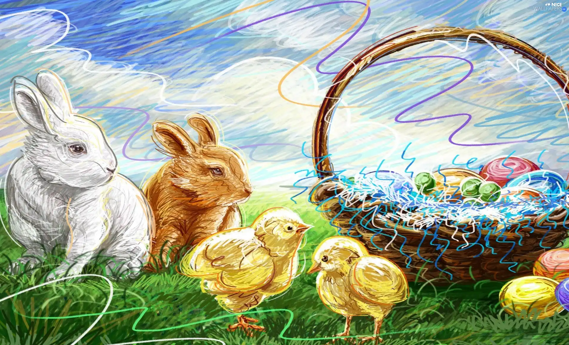 basket, eggs, rabbits, chickens, Easter