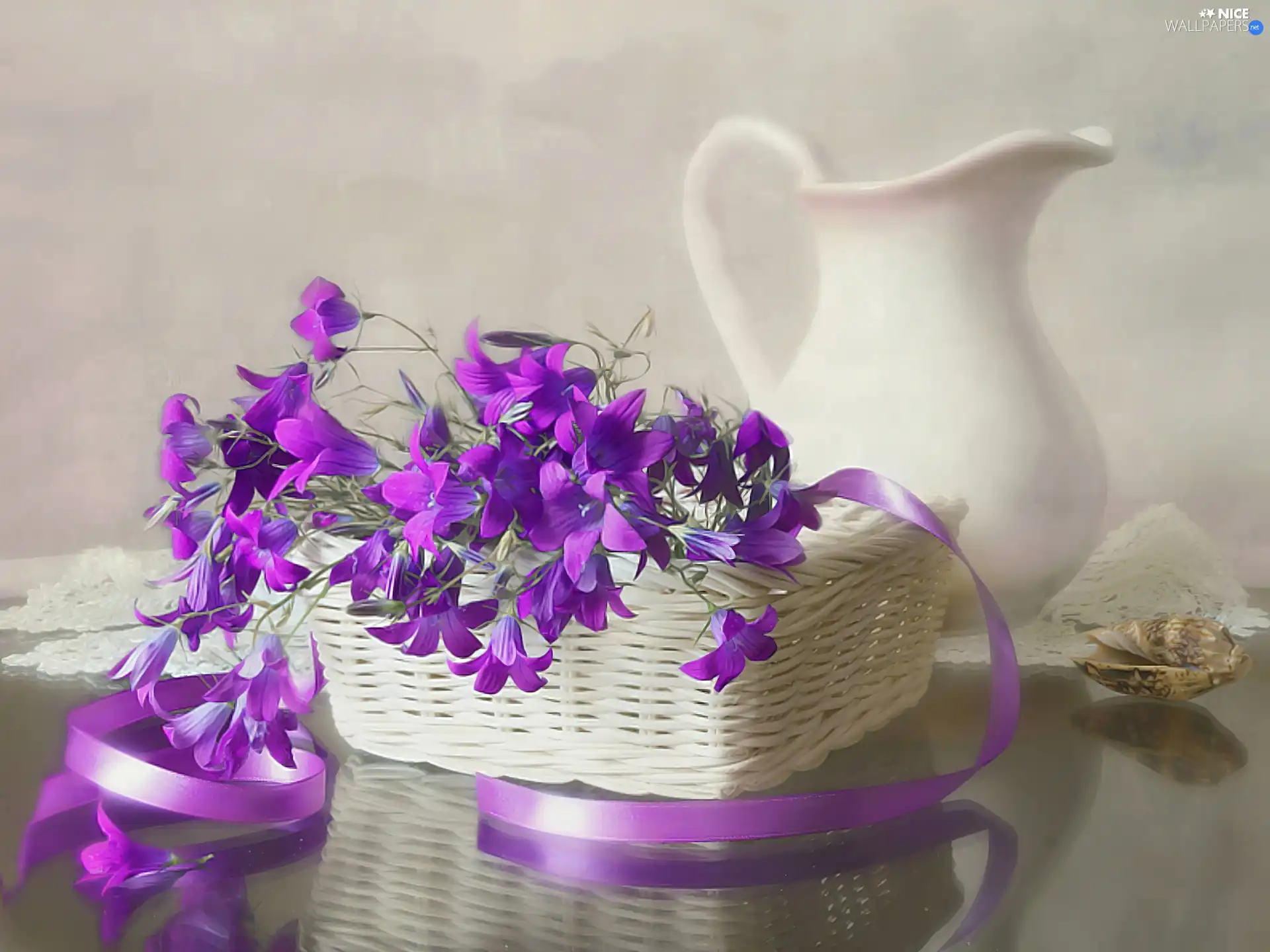 basket, purple, flowers