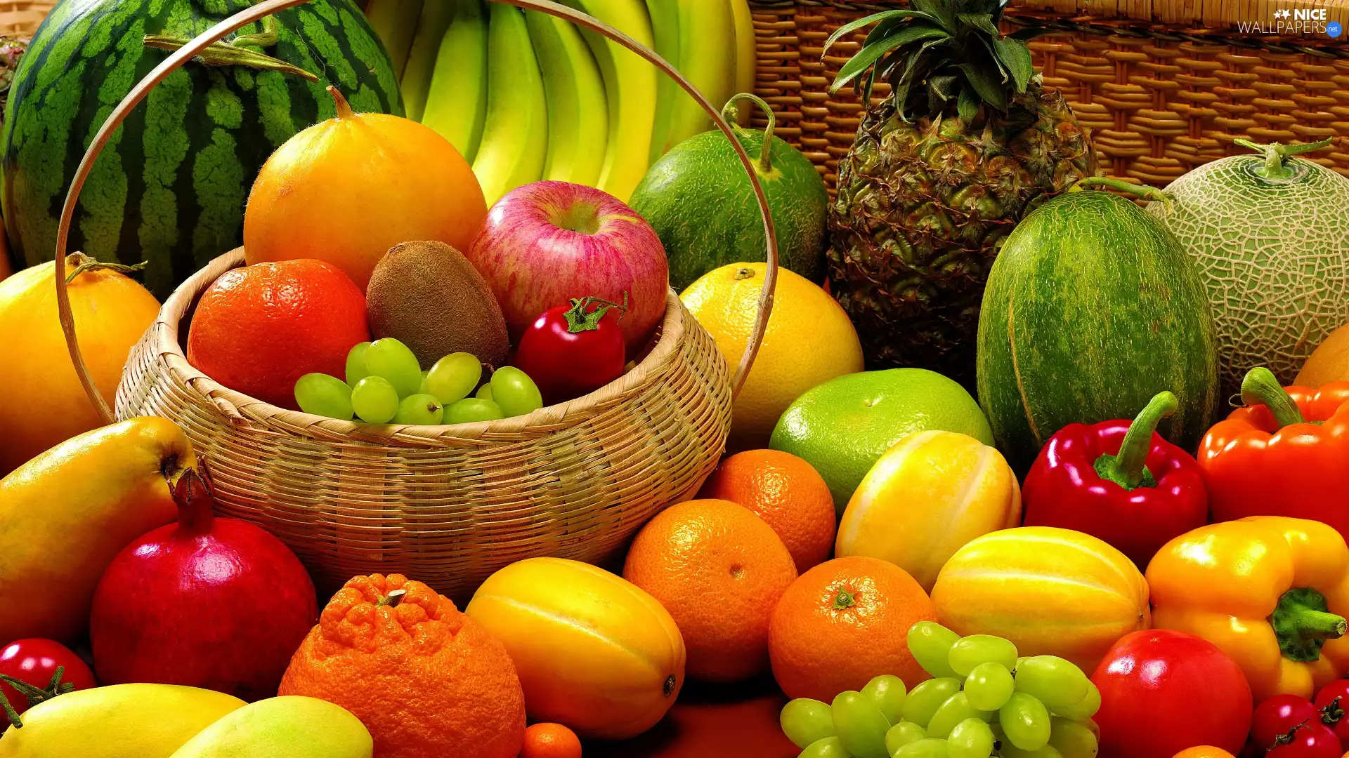 basket, Fruits, Grapes, melon, ananas, apples, kiwi, orange, bananas