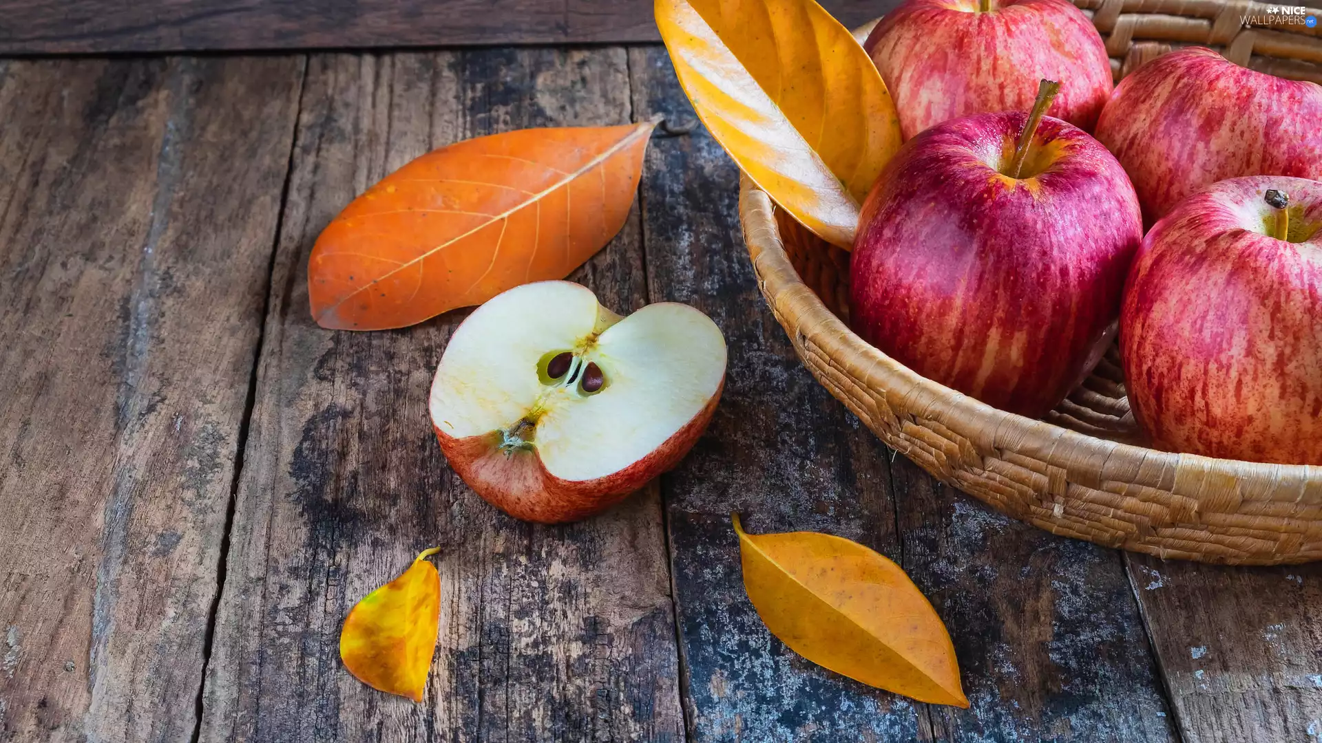 basket, apples, leaves