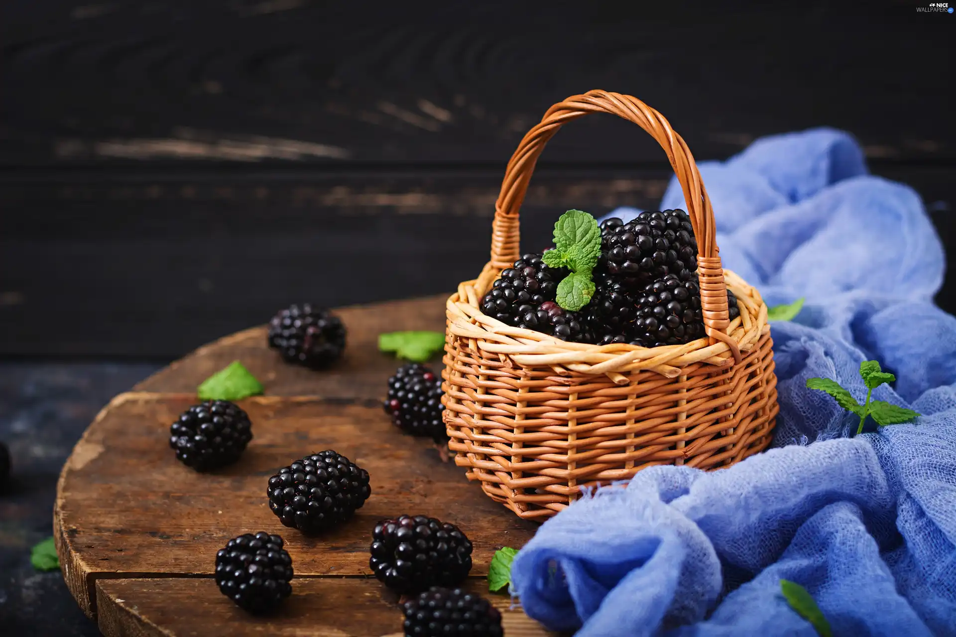 basket, blackberries, leaves