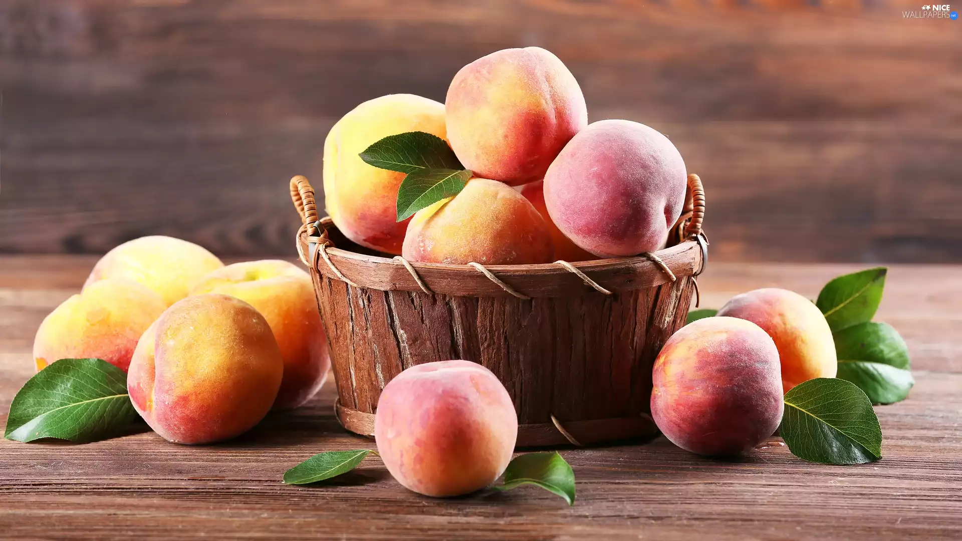 basket, peaches, leaves