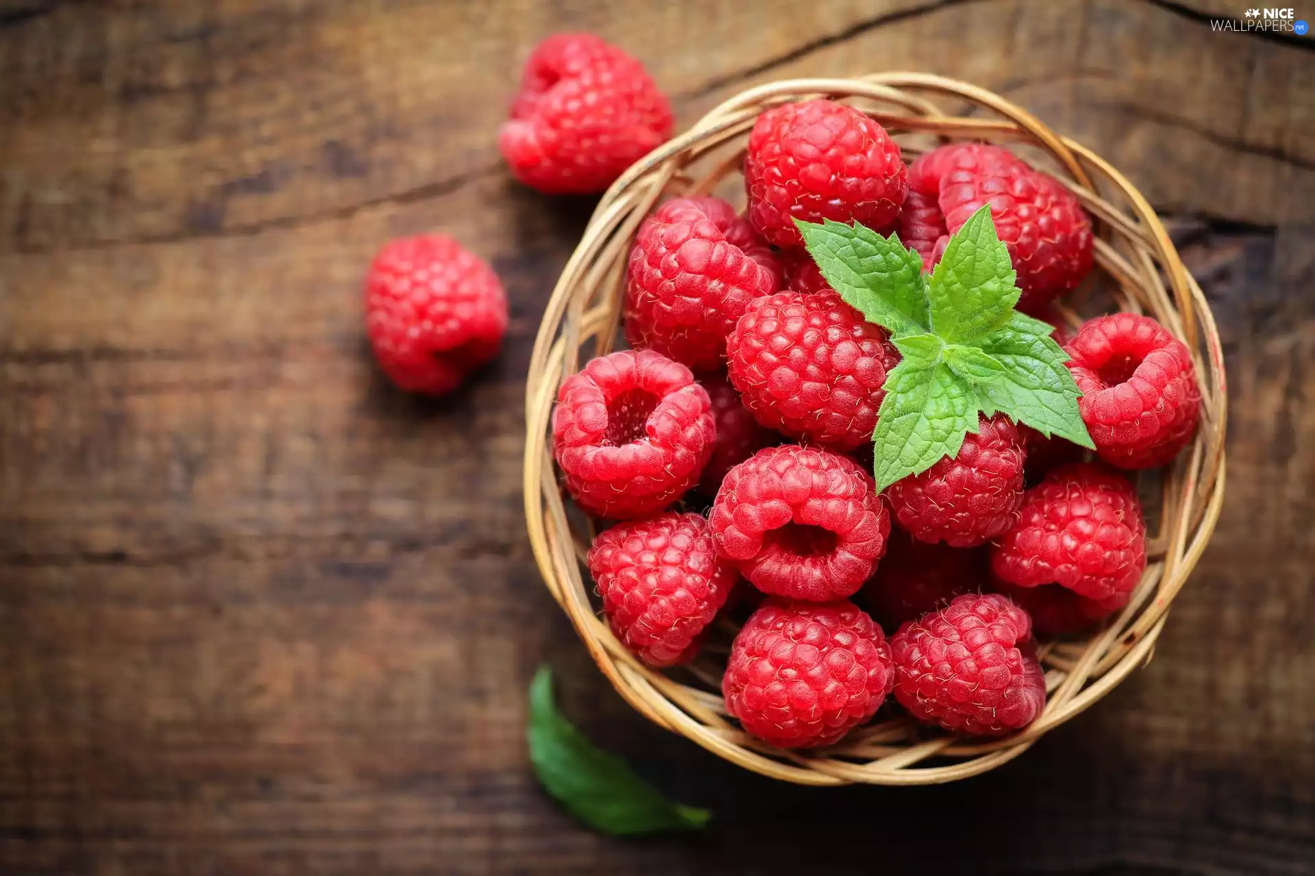 basket, raspberries, leaves