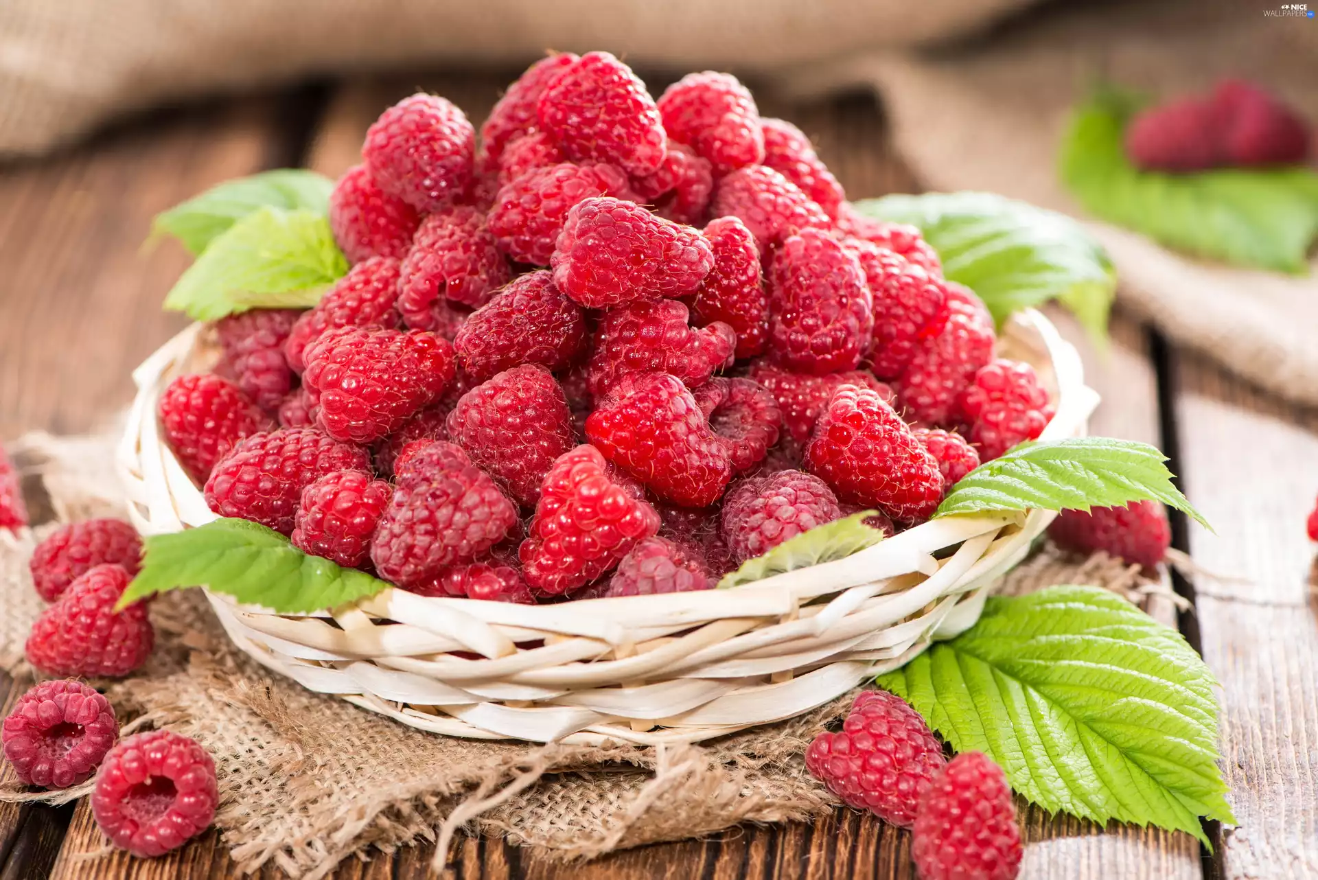 raspberries, Leaf, board, basket