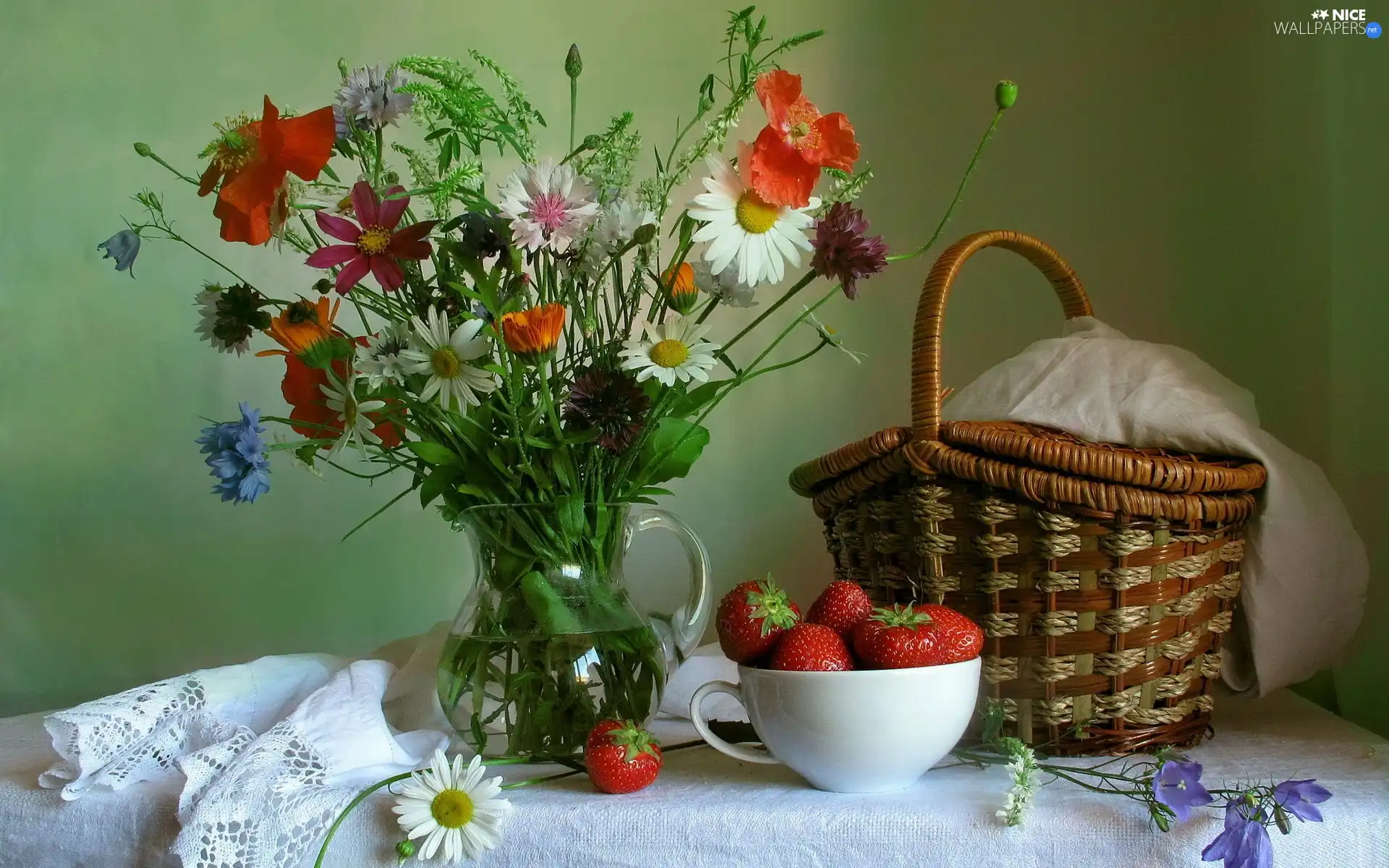 basket, strawberries, different, flowers, bouquet