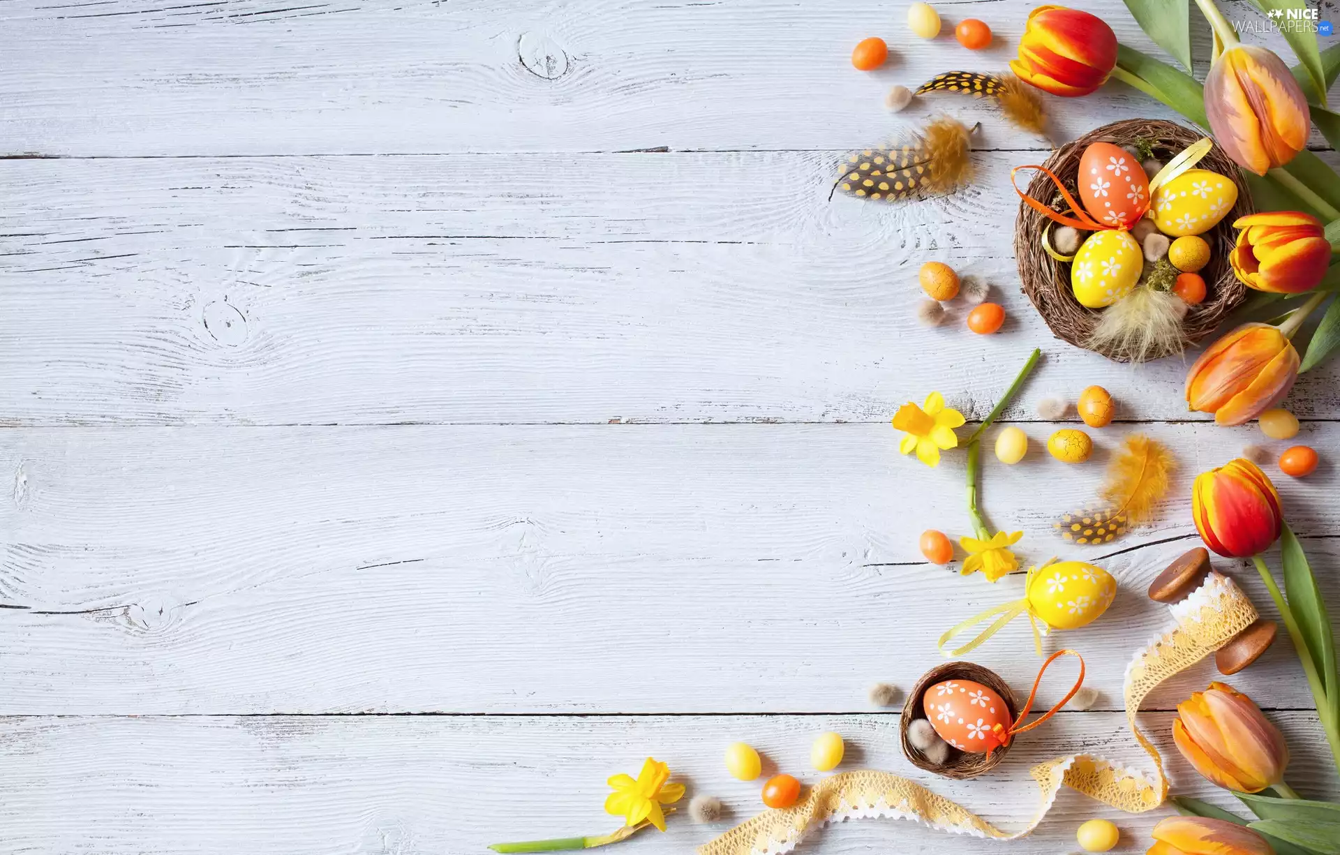 Daffodils, eggs, wooden, basket, Easter, Tulips, pen