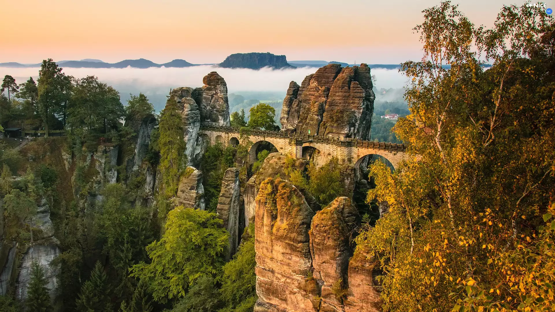 Stone Bridge, rocks, Germany, trees, Děčínská vrchovina, Bastei Rock Formation, Saxon Switzerland National Park, viewes