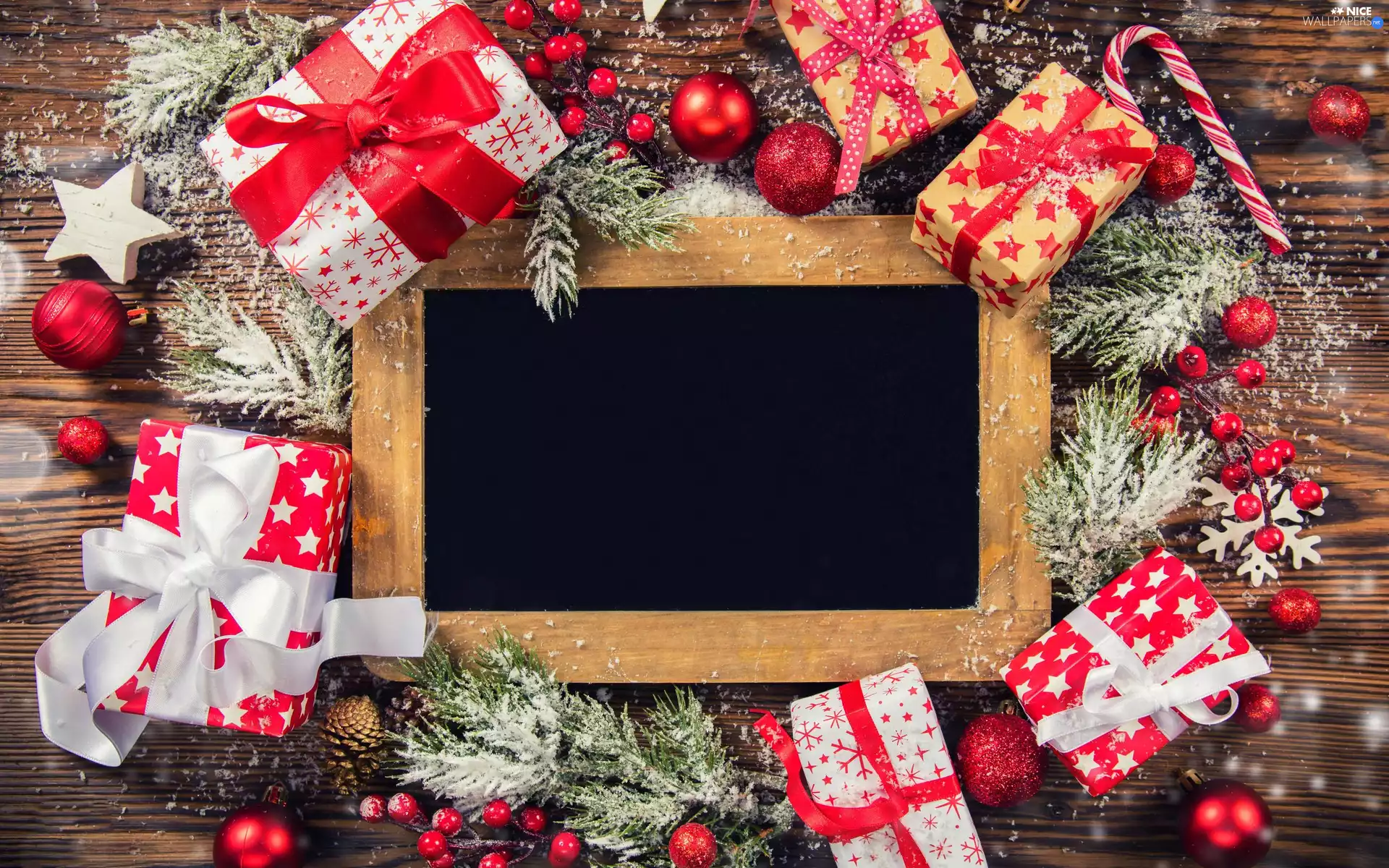 frame, composition, Twigs, baubles, gifts, Christmas