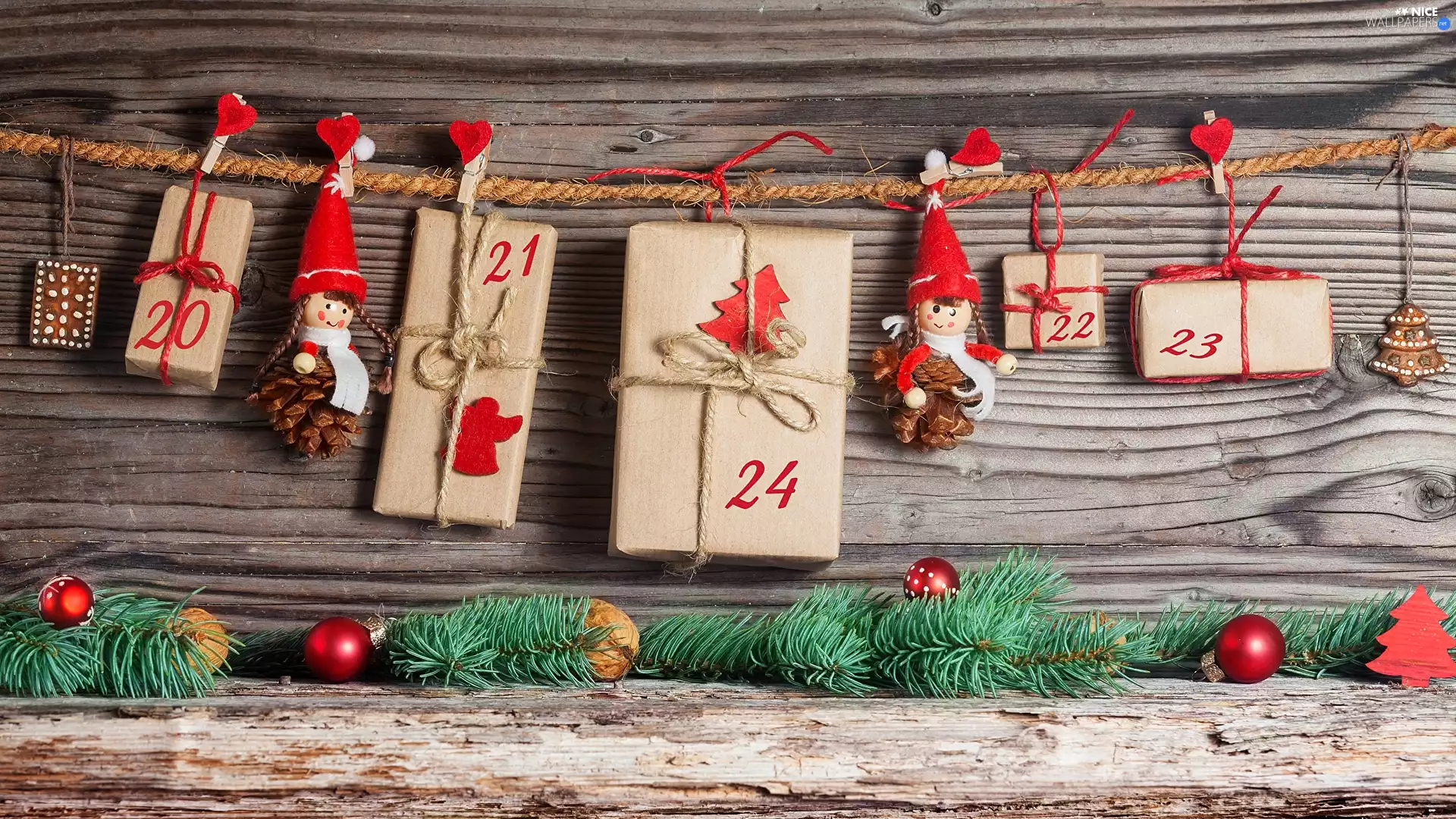 dolls, twine, Twigs, baubles, ginger, gifts