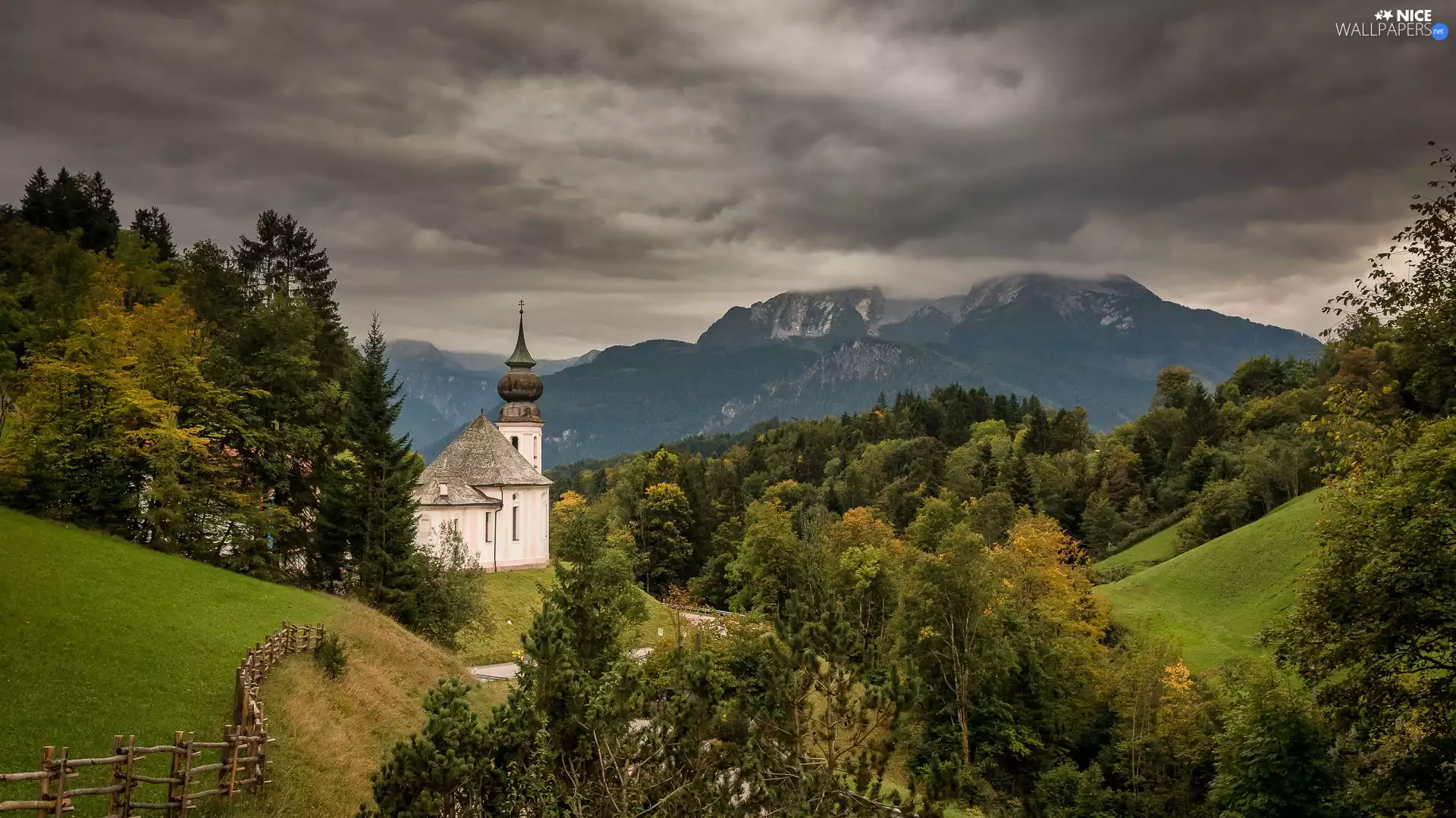 dark, Church, Salzburg Slate Alps, Germany, Mountains, fence, woods, trees, viewes, Sanctuary of Maria Gern, Berchtesgaden, Bavaria, Way, clouds