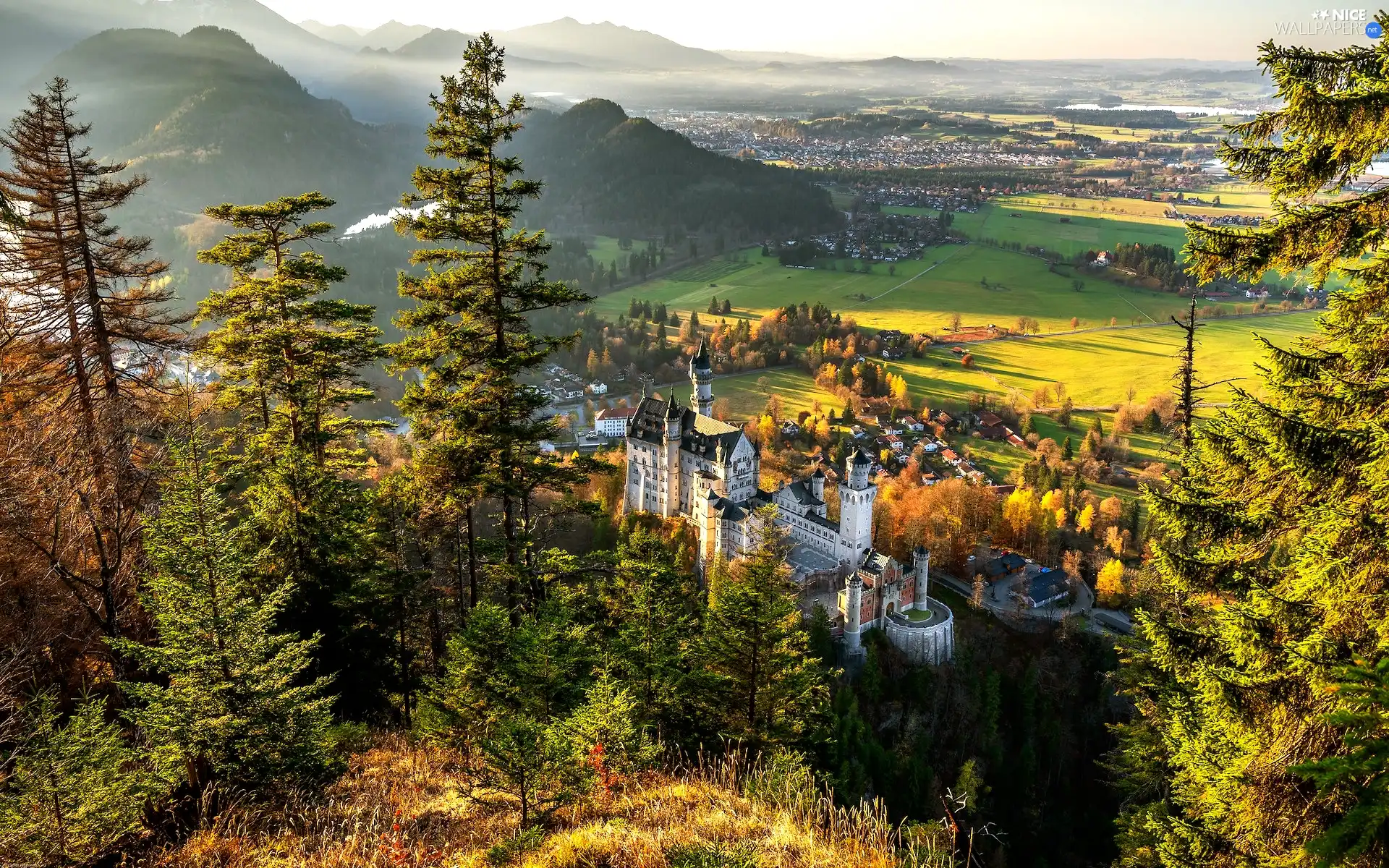 Bavaria, Germany, Schwangau, Neuschwanstein Castle, Mountains, Alps, trees, viewes, autumn