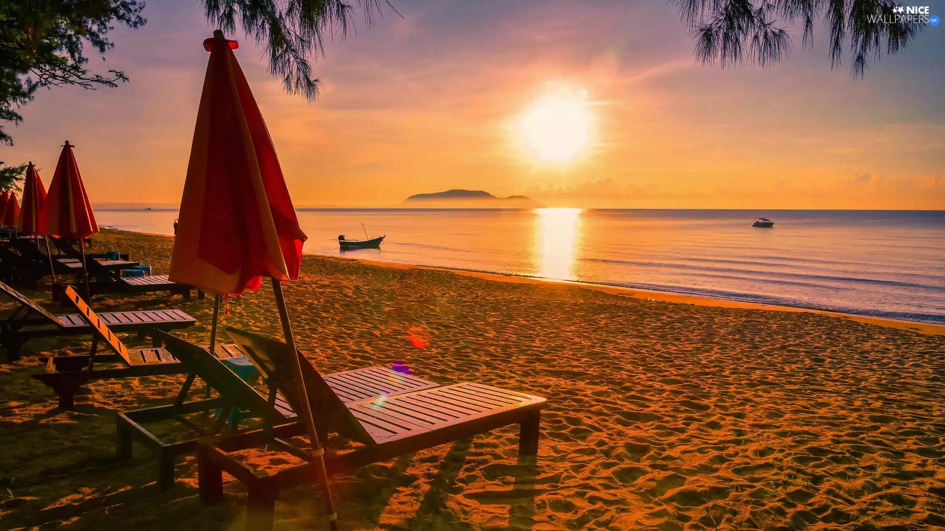 Great Sunsets, sea, boats, Sunshade, deck chair, Beaches