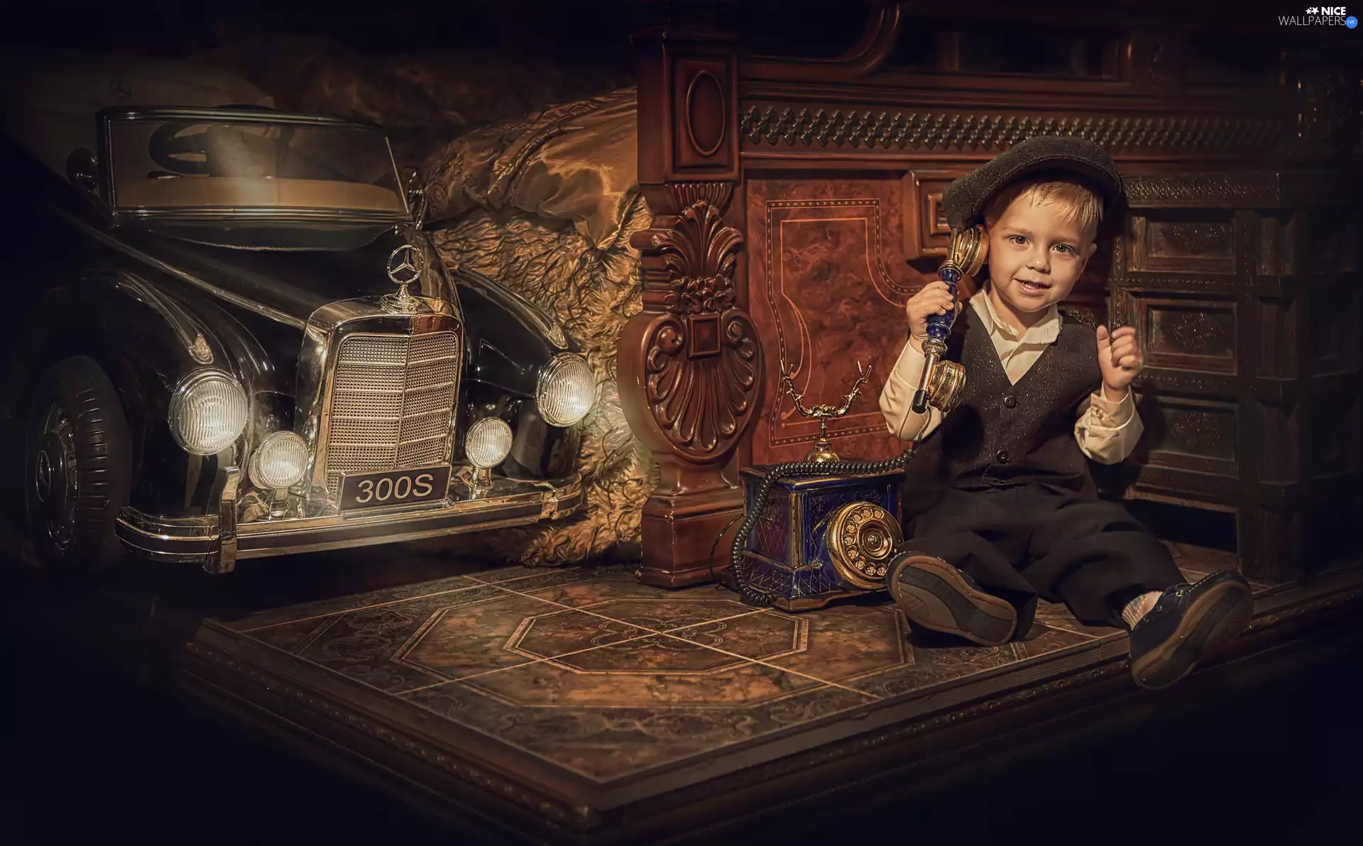 Telephone, boy, Automobile, Hat, Kid, conversation, White Bed