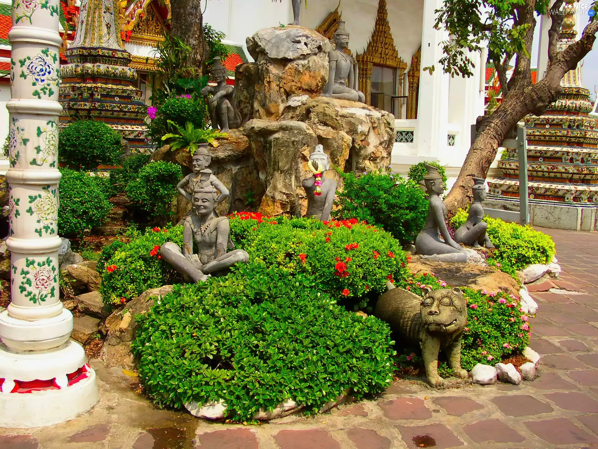 Flower-beds, figures, statues, Bush