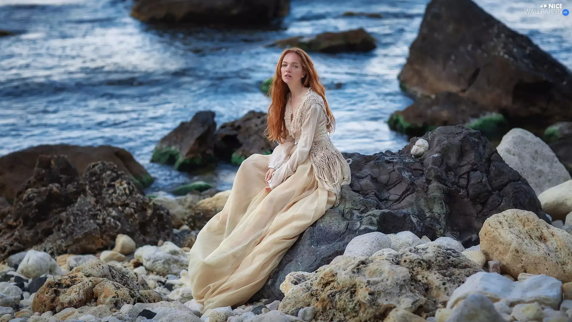 dress, Women, Stones, beige, redhead, rocks, sea