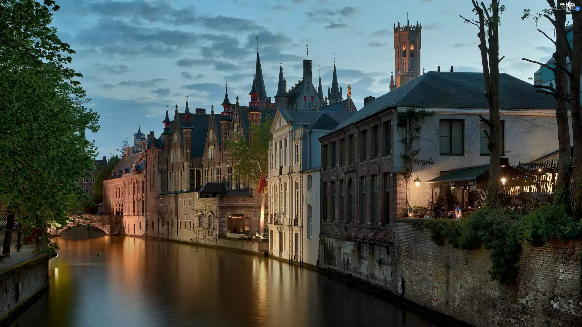 Bruges, Belgium, Houses, canal, morning