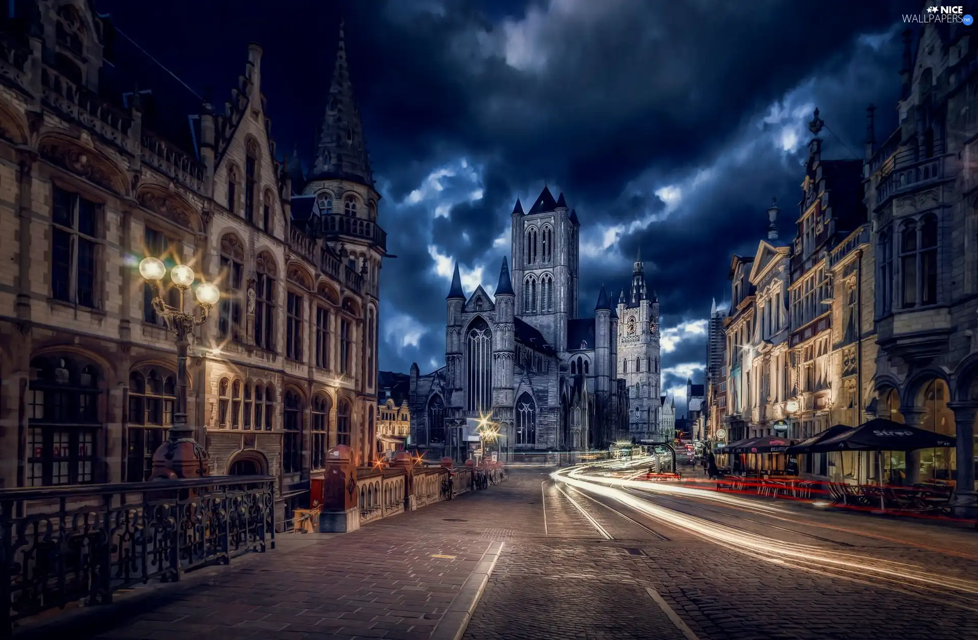 City at Night, buildings, Belgium, Street