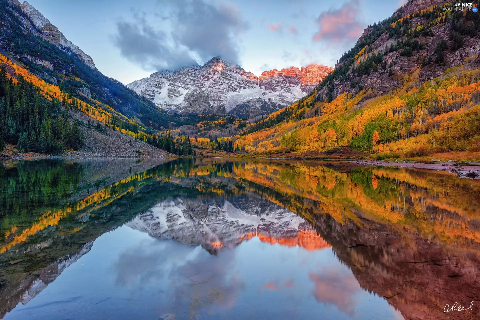 trees, State of Colorado, Maroon Bells Peaks, clouds, Maroon Lake, The United States, rocky mountains, reflection, viewes, autumn