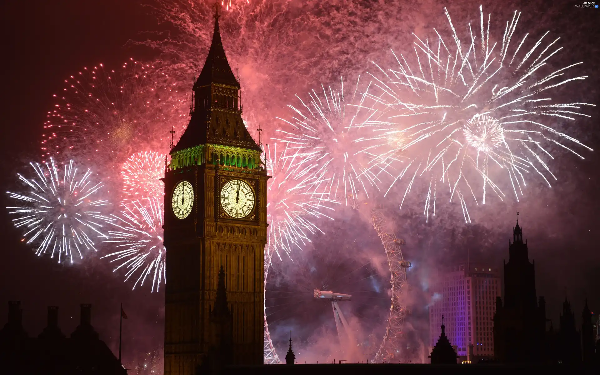 England, fireworks, Big Ben, London, Clock