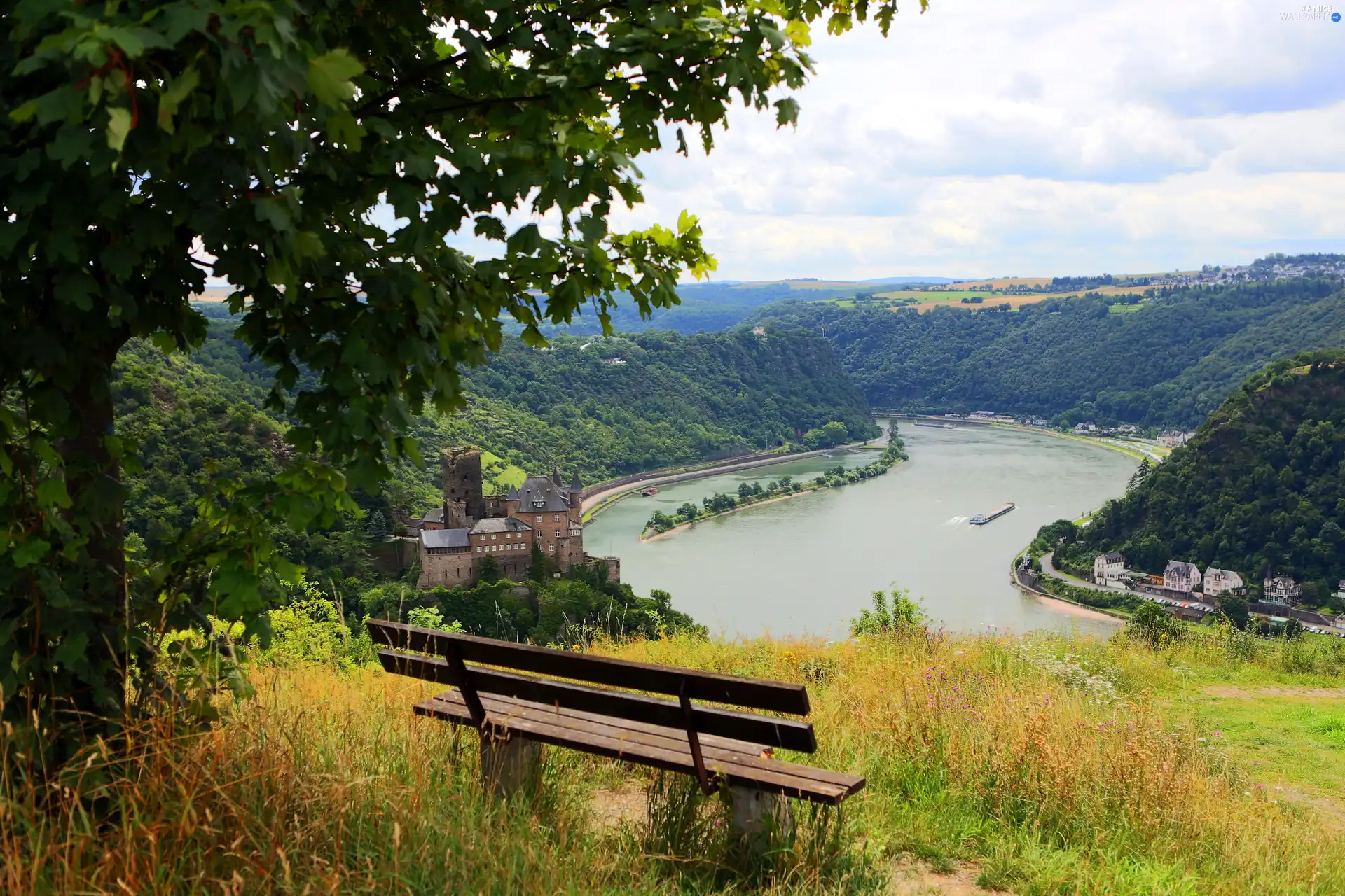 Bench, autumn, Mountains, woods, River