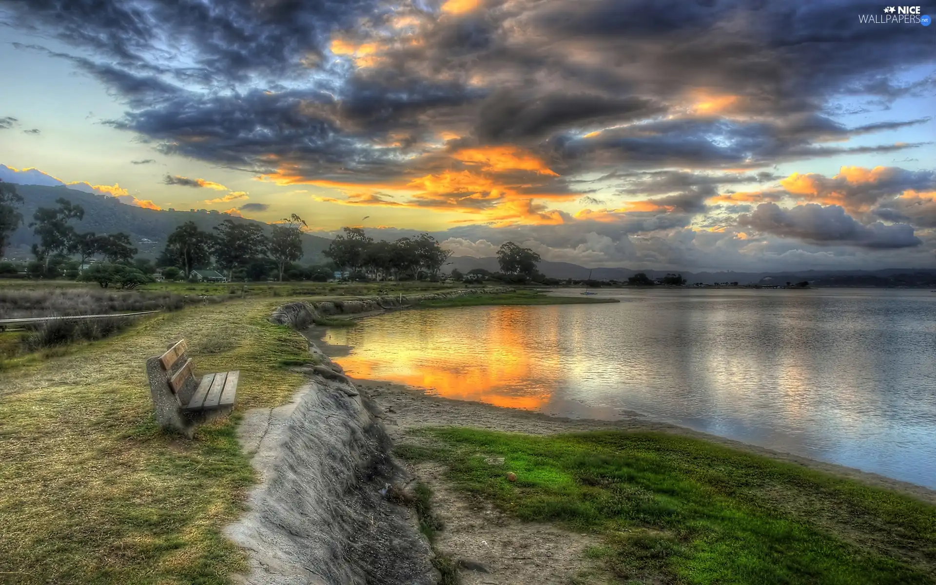 east, lake, Bench, coast, sun, clouds