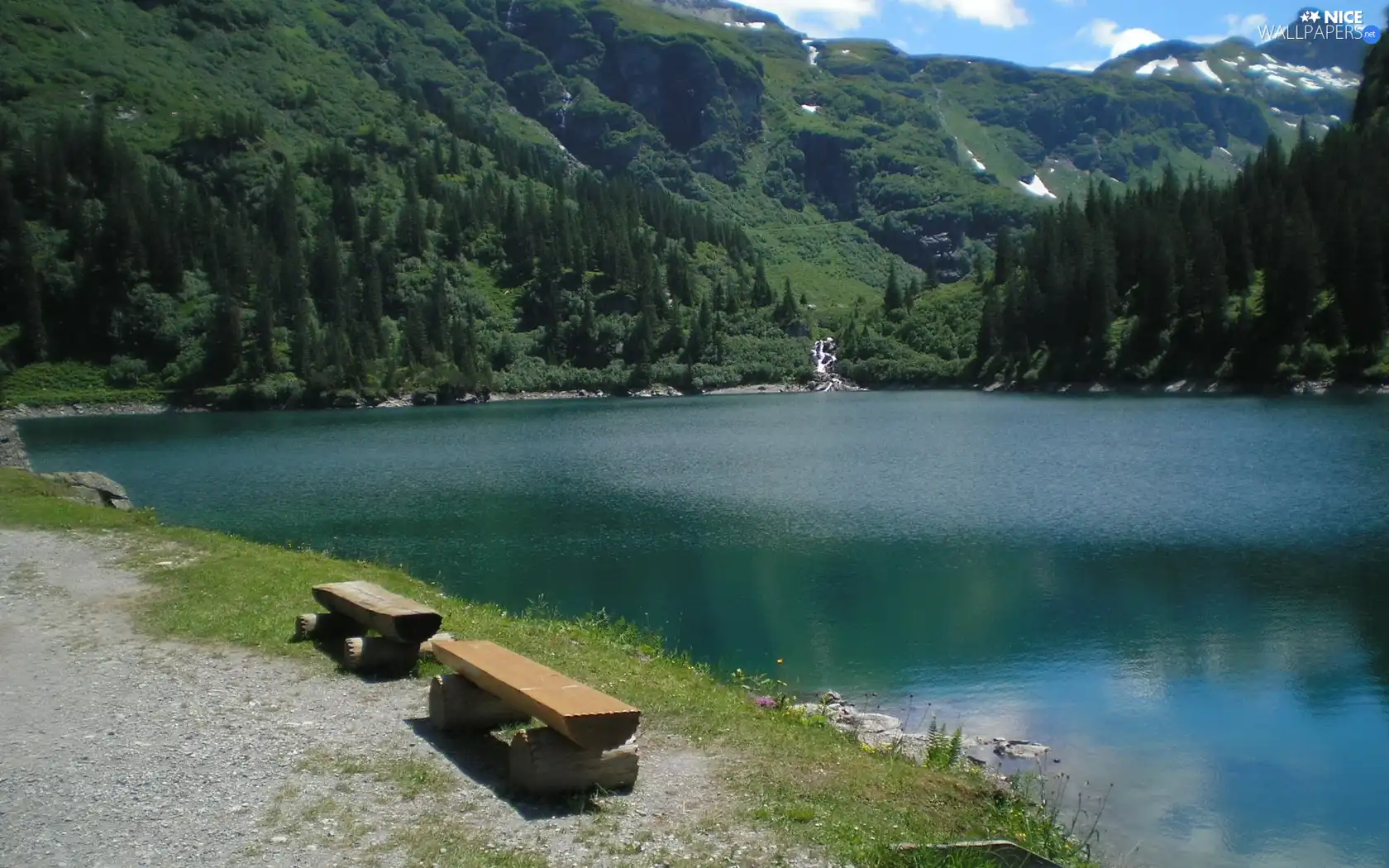 lake, woods, bench, Mountains