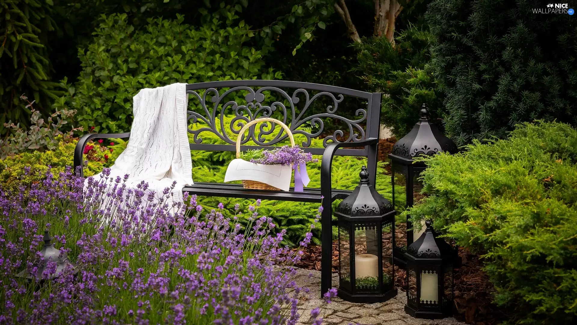 lavender, Metal, Lanterns, Bench, Garden, basket, shawl