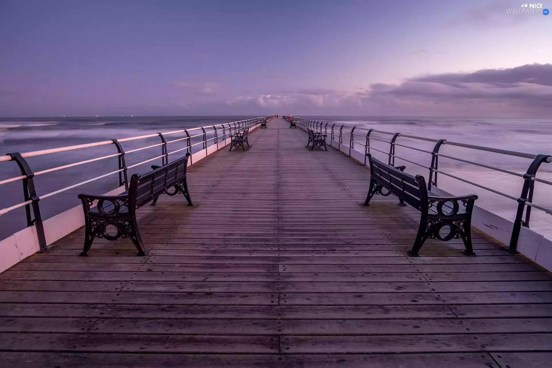 pier, sea, clouds, bench