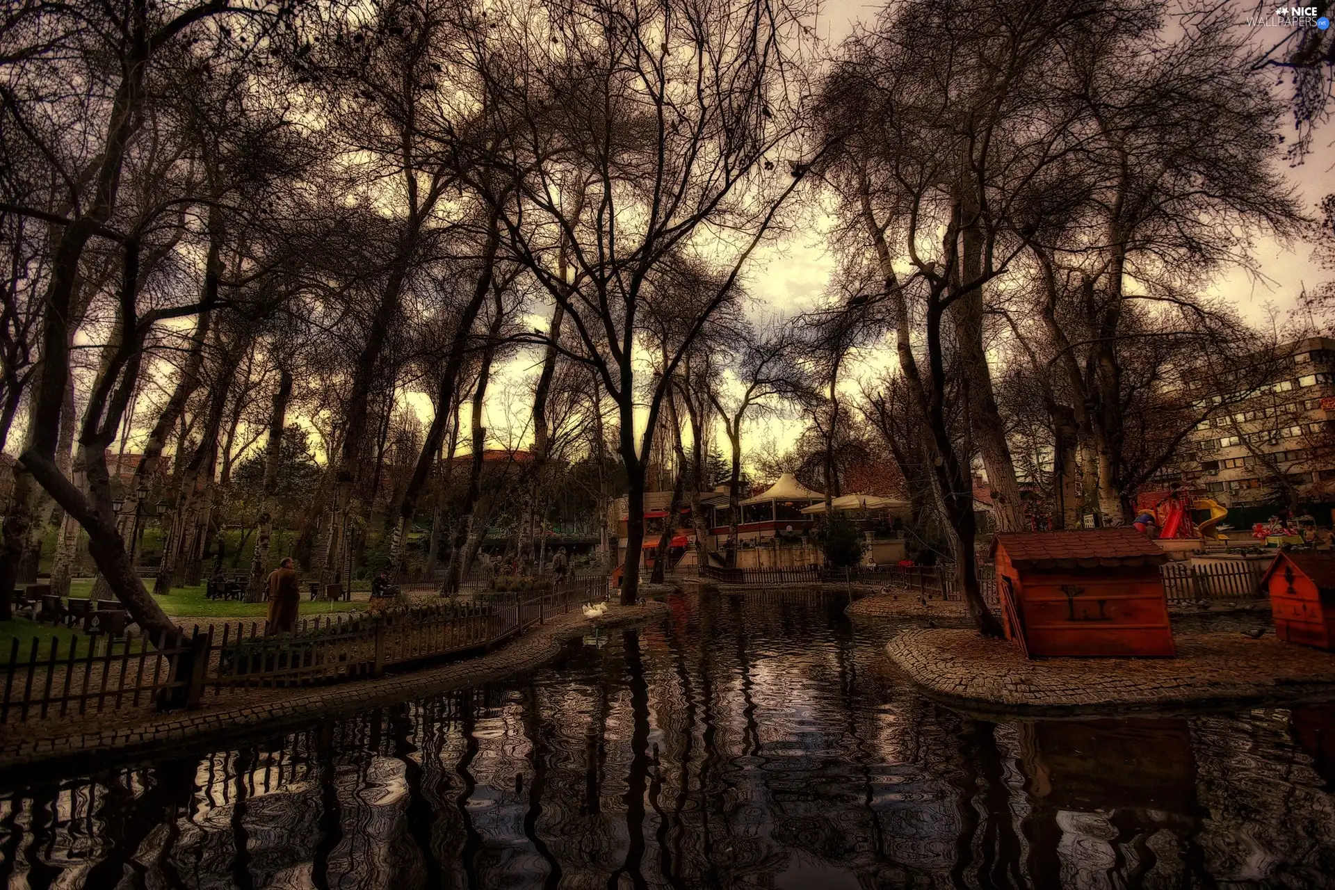 bench, water, trees, viewes, Park