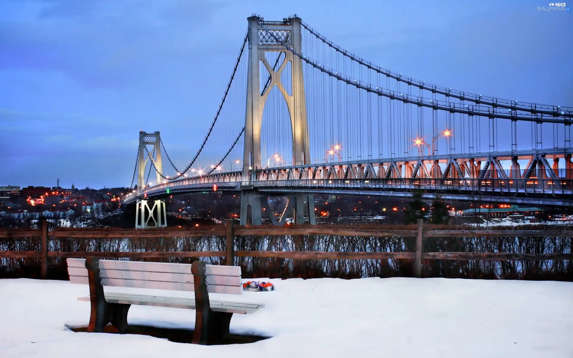 Bench, winter, bridge, River, Floodlit