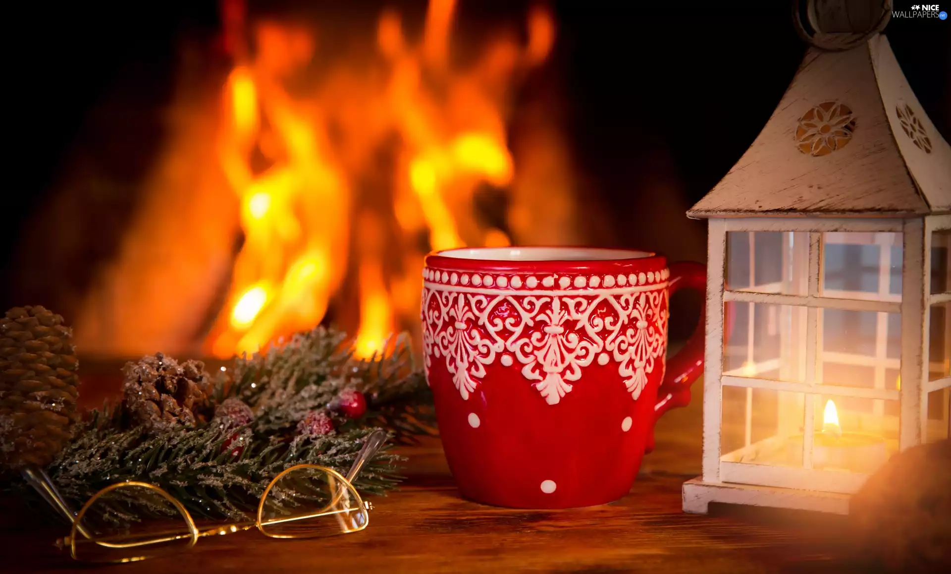 lantern, composition, Glasses, Big Fire, Cup, Christmas