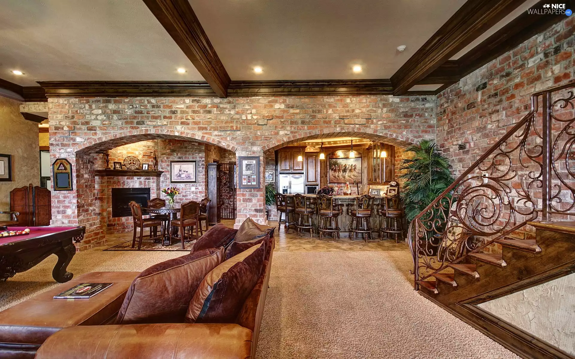 Stairs, billiards, Local, Bar, Pub