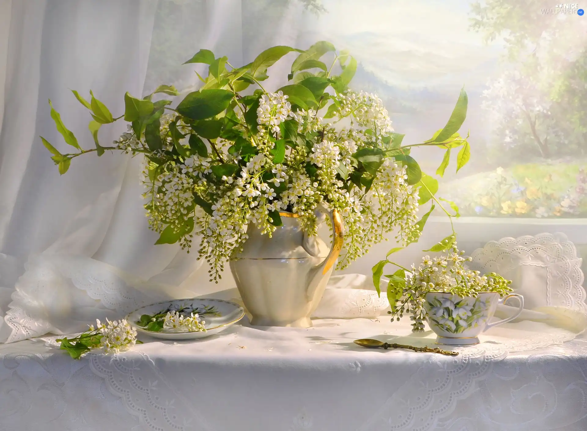 cup, Flowers, bouquet, Bird Cherry, Vase