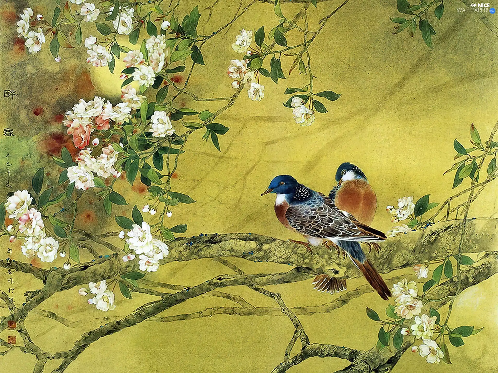 Flowers, picture, Birds on the log