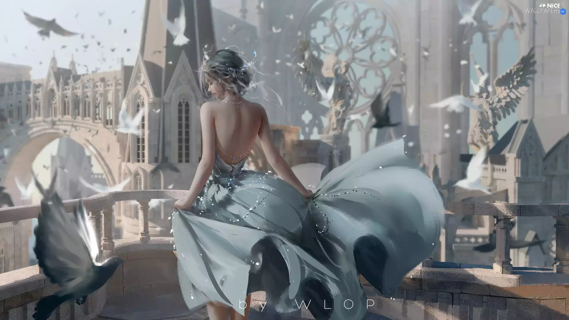 elf, graphics, Balcony, birds, dress, girl