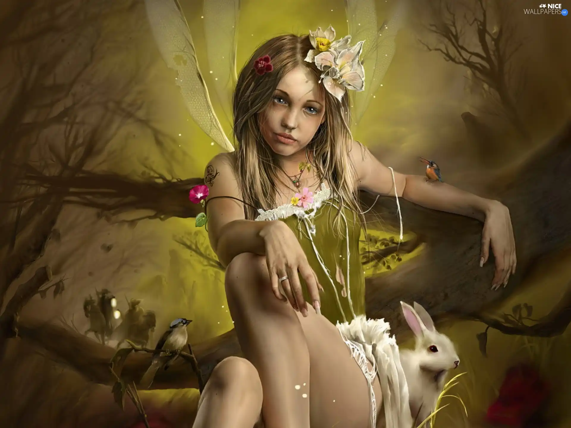 girl, Bunny, birds, butterfly