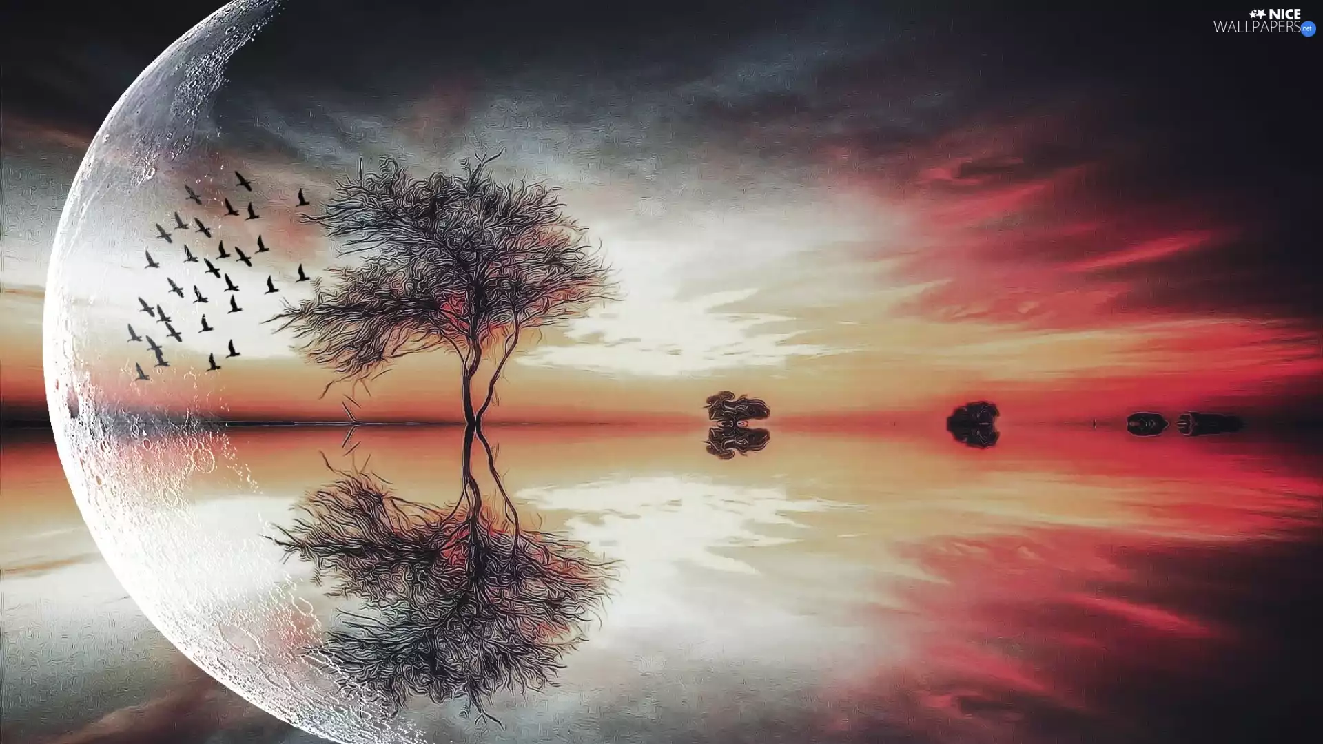 water, fantasy, viewes, birds, trees, picture