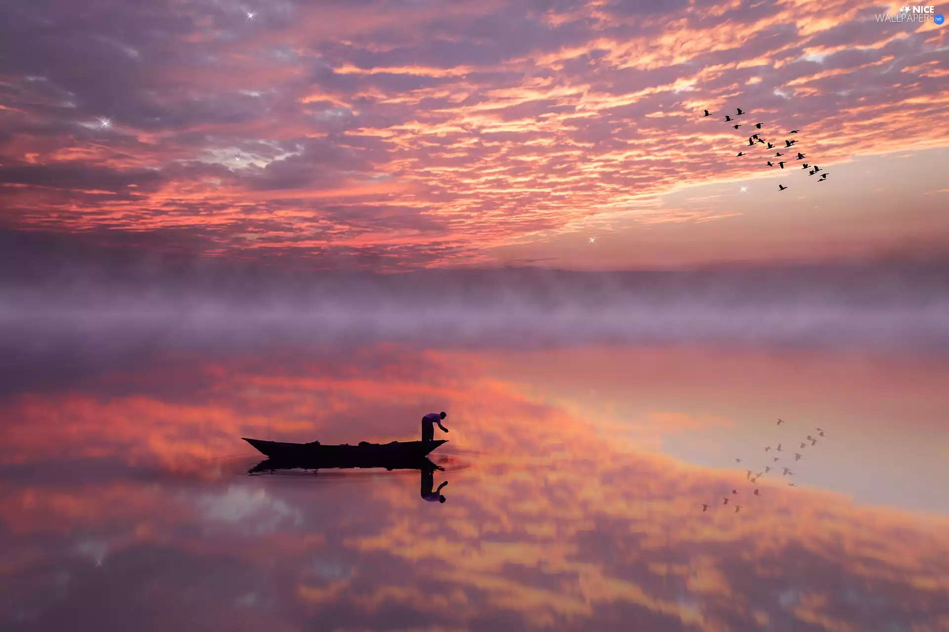 reflection, Great Sunsets, Fog, clouds, lake, Boat, birds