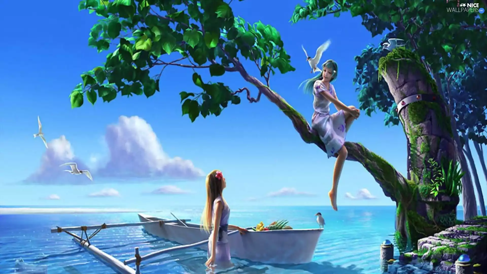 Boat, birds, trees, water, Girls