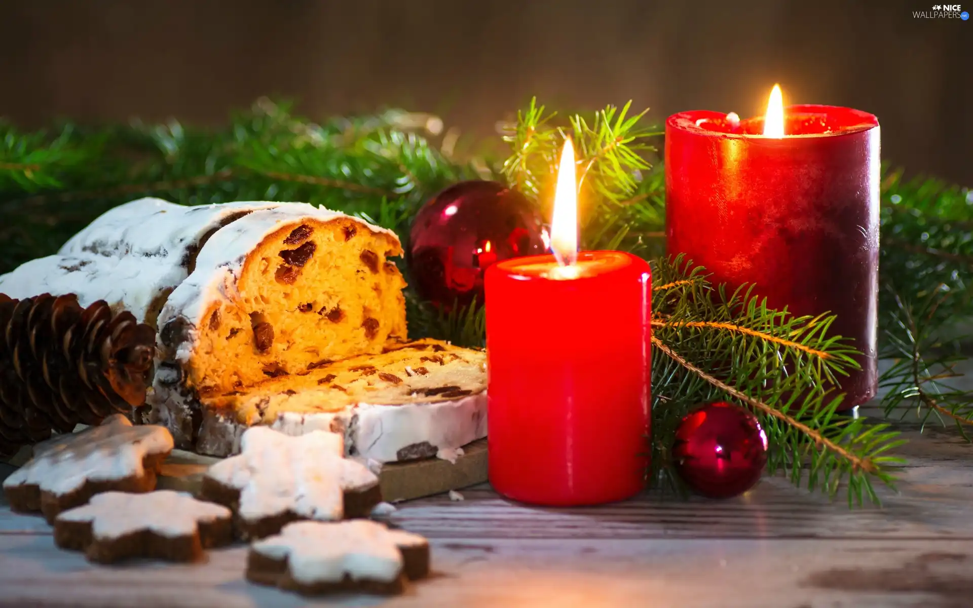 cakes, Red, Christmas, composition, baubles, Candles