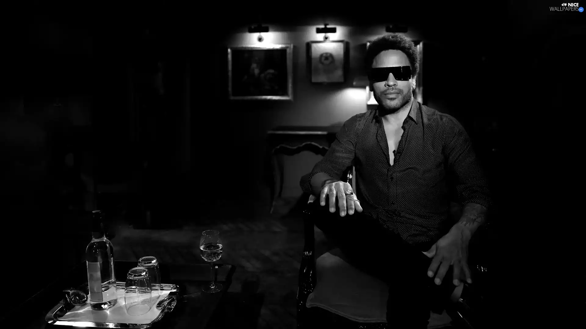 Lenny Kravitz, Glasses, Black and white, glass