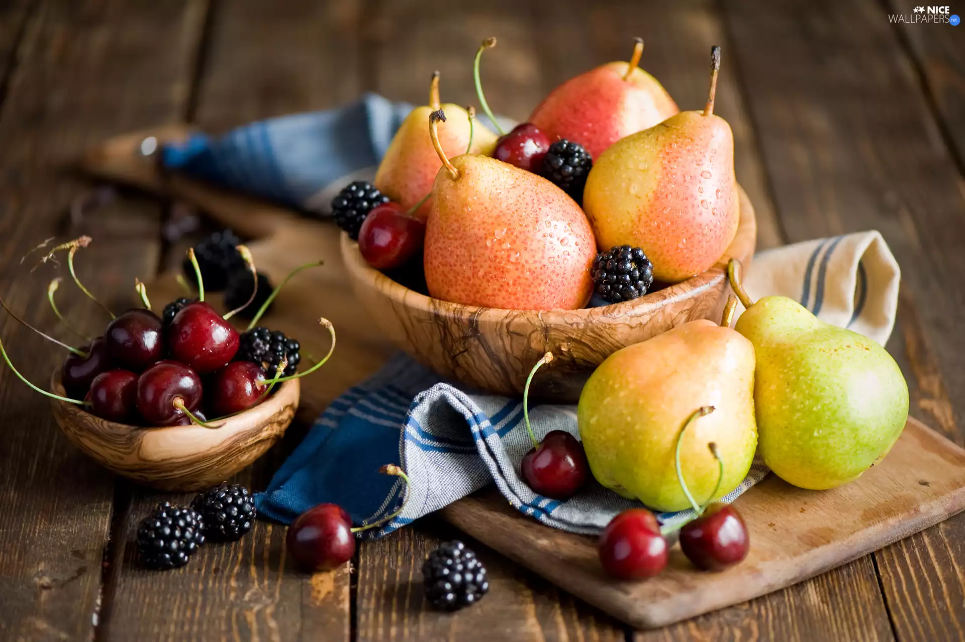 truck concrete mixer, blackberries, bowls, cherries